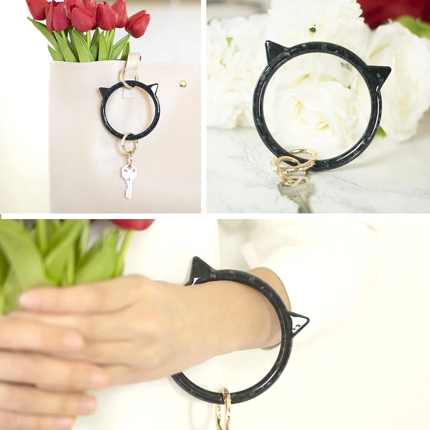 Cat Key Ring Bracelet Wristlet Keychain Keychains Bangle Keyring for Women Girls Key Animal Chain Holder Wrist Car Wallet