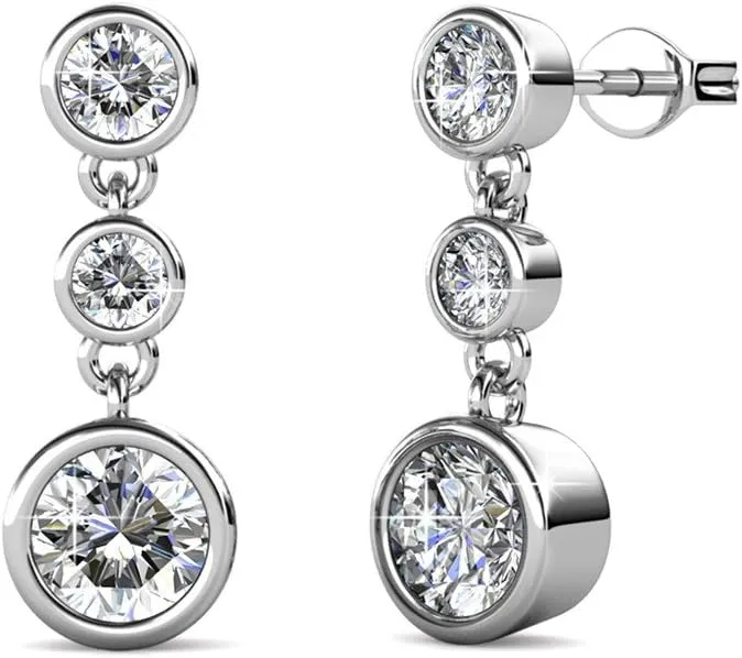Cate & Chloe Bailey Wonder White Gold Dangle Earrings, 18k White Gold Plated Studs with 3 Dangling Crystals, Silver Stud Earring Set, 3 Round Cut Crystal Stones