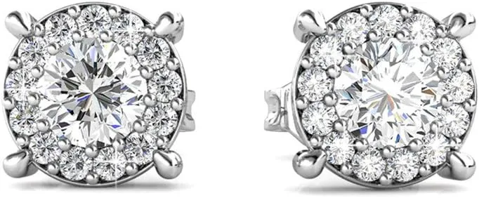 Cate & Chloe Raylee White Gold Stud Earrings, 18k Gold Plated Studs with Crystals, Halo Stud Earring Set with Round Cut Solitaire Crystal, Wedding Anniversary Jewelry