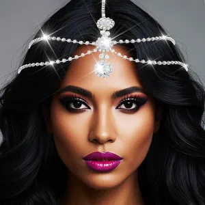 Catery Head Chain Jewelry Rhinestones Headpiece Crystal Hair Jewelry for Women (Silver)