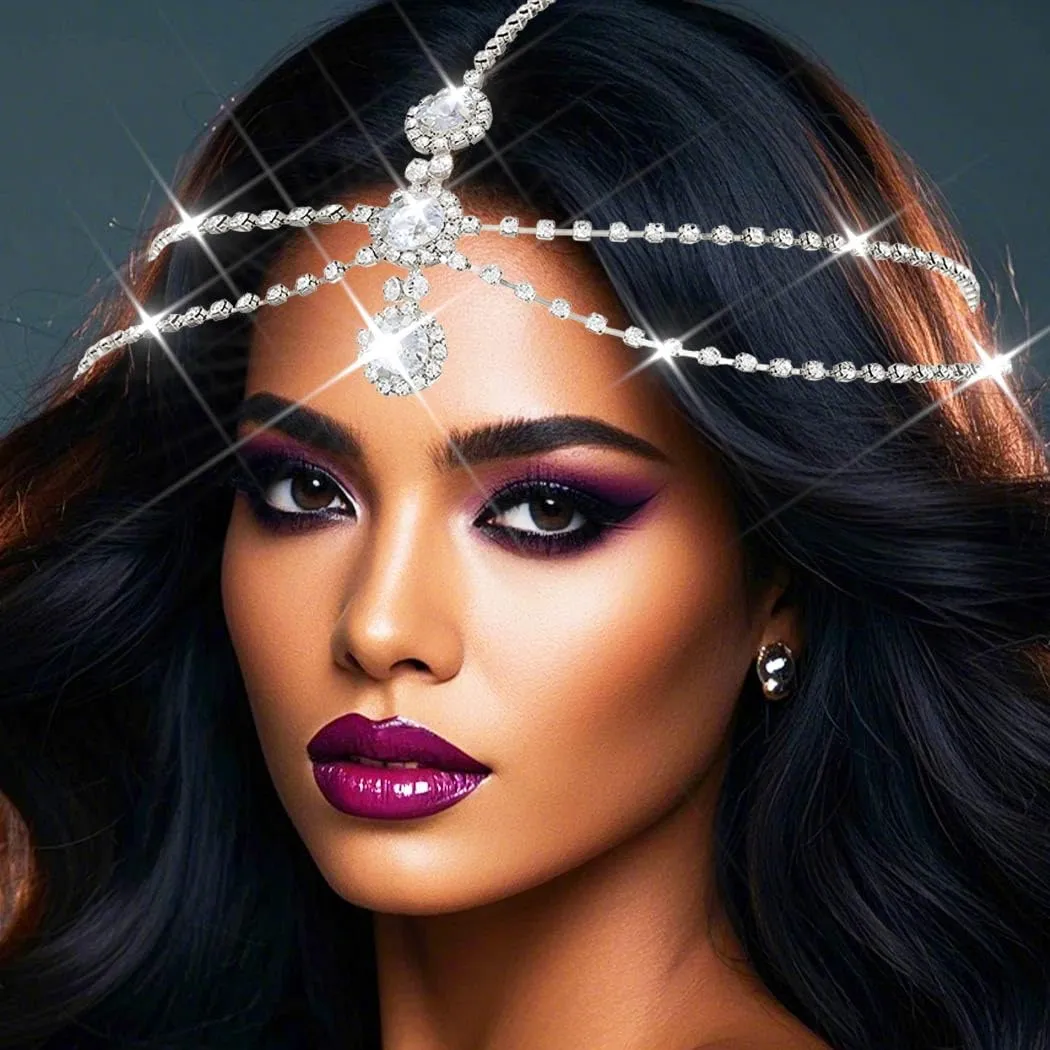 Catery Head Chain Jewelry Rhinestones Headpiece Crystal Hair Jewelry for Women (Silver)