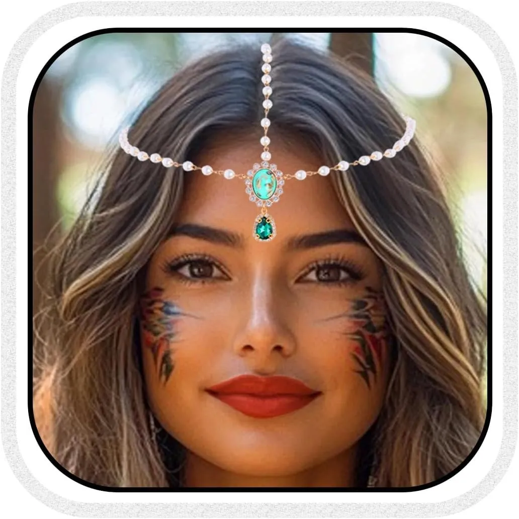 Catery Head Chain Jewelry Turquoise Hair Jewelry Boho Gold Headpiece Indian Head Accessories for Women
