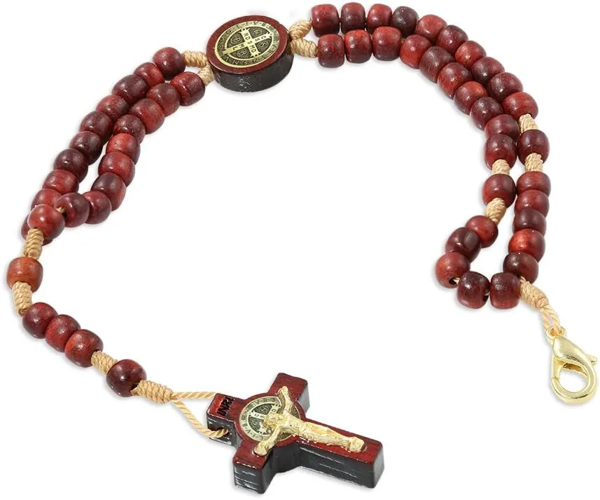 Catholica Shop Devotional Corded Prayer Beads Rosary Bracelet with San Benito St Benedict Medal and Crucifix. Made in Brazil
