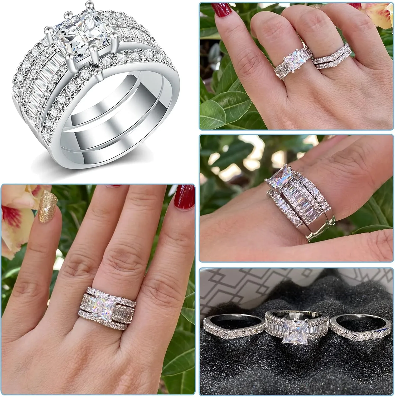 CEJUG 2.3Ct Bridal Ring Sets for Women Engagement Rings Wedding Bands 14k Yellow Gold Princess Cz Three-in-one Size 5-10