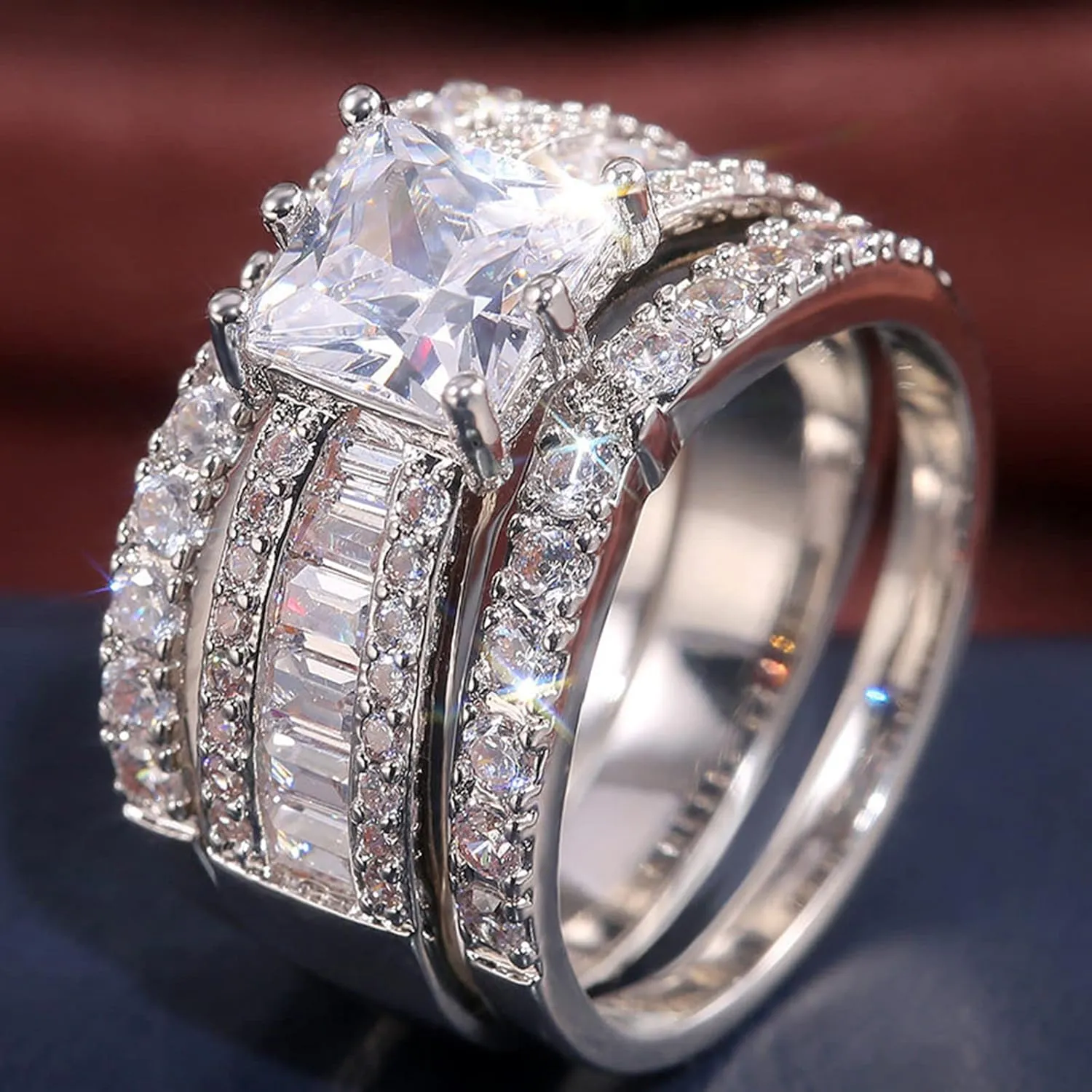 CEJUG 2.3Ct Bridal Ring Sets for Women Engagement Rings Wedding Bands 14k Yellow Gold Princess Cz Three-in-one Size 5-10