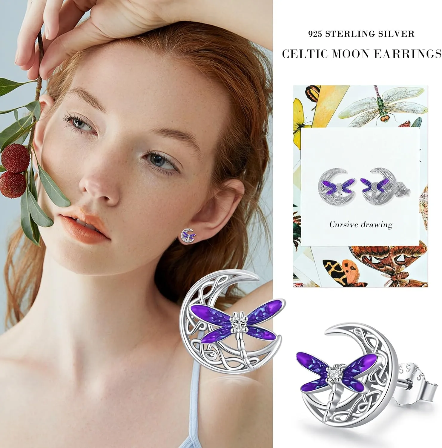 Celtic Moon Earrings 925 Sterling Silver Dragonfly Stud Earrings Irish Celtic Jewelry Gifts for Women