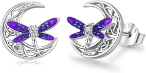 Celtic Moon Earrings 925 Sterling Silver Dragonfly Stud Earrings Irish Celtic Jewelry Gifts for Women