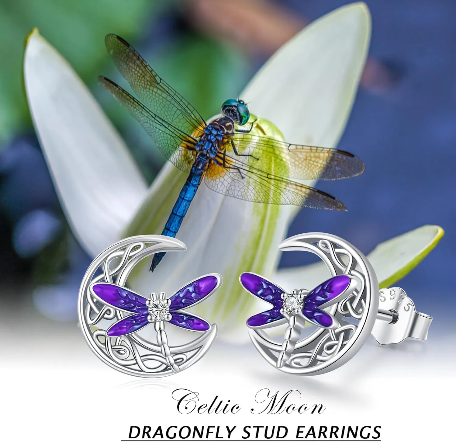 Celtic Moon Earrings 925 Sterling Silver Dragonfly Stud Earrings Irish Celtic Jewelry Gifts for Women