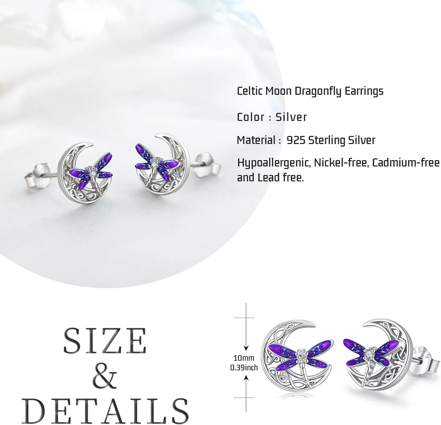 Celtic Moon Earrings 925 Sterling Silver Dragonfly Stud Earrings Irish Celtic Jewelry Gifts for Women