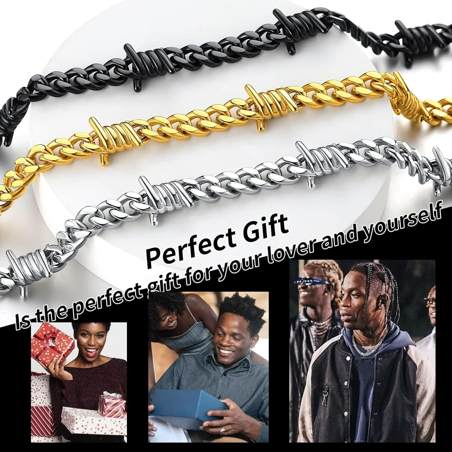 ChainsHouse Barbed Wire Cuban Necklace for Women Men Stainless Steel/18K Gold/Black Gothic Skull Thorns Choker Curb Necklaces Punk Jewelry,16"-20" inch Length