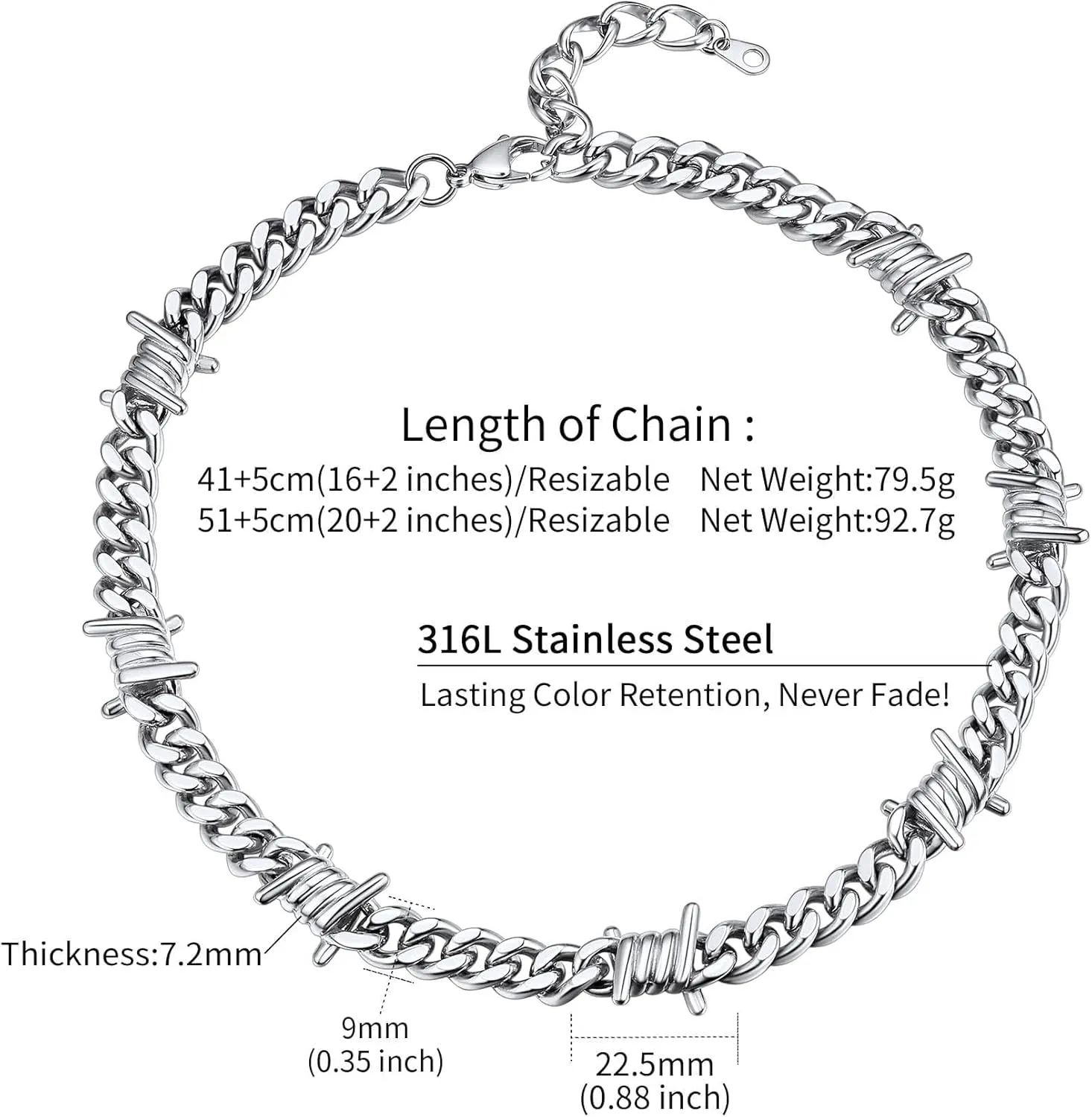 ChainsHouse Barbed Wire Cuban Necklace for Women Men Stainless Steel/18K Gold/Black Gothic Skull Thorns Choker Curb Necklaces Punk Jewelry,16"-20" inch Length