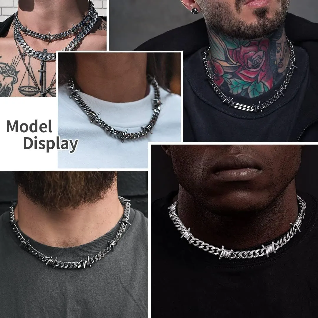 ChainsHouse Barbed Wire Cuban Necklace for Women Men Stainless Steel/18K Gold/Black Gothic Skull Thorns Choker Curb Necklaces Punk Jewelry,16"-20" inch Length