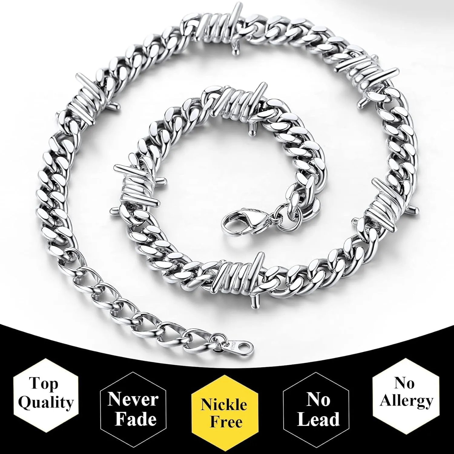 ChainsHouse Barbed Wire Cuban Necklace for Women Men Stainless Steel/18K Gold/Black Gothic Skull Thorns Choker Curb Necklaces Punk Jewelry,16"-20" inch Length