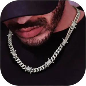 ChainsHouse Barbed Wire Cuban Necklace for Women Men Stainless Steel/18K Gold/Black Gothic Skull Thorns Choker Curb Necklaces Punk Jewelry,16"-20" inch Length