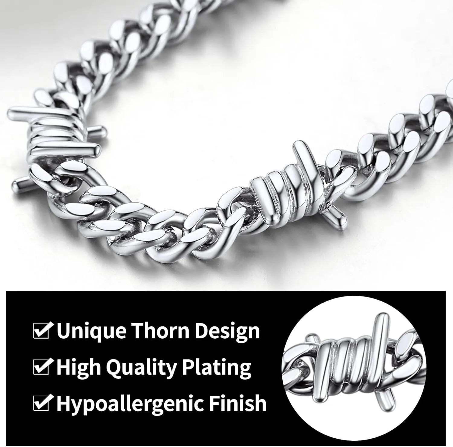 ChainsHouse Barbed Wire Cuban Necklace for Women Men Stainless Steel/18K Gold/Black Gothic Skull Thorns Choker Curb Necklaces Punk Jewelry,16"-20" inch Length