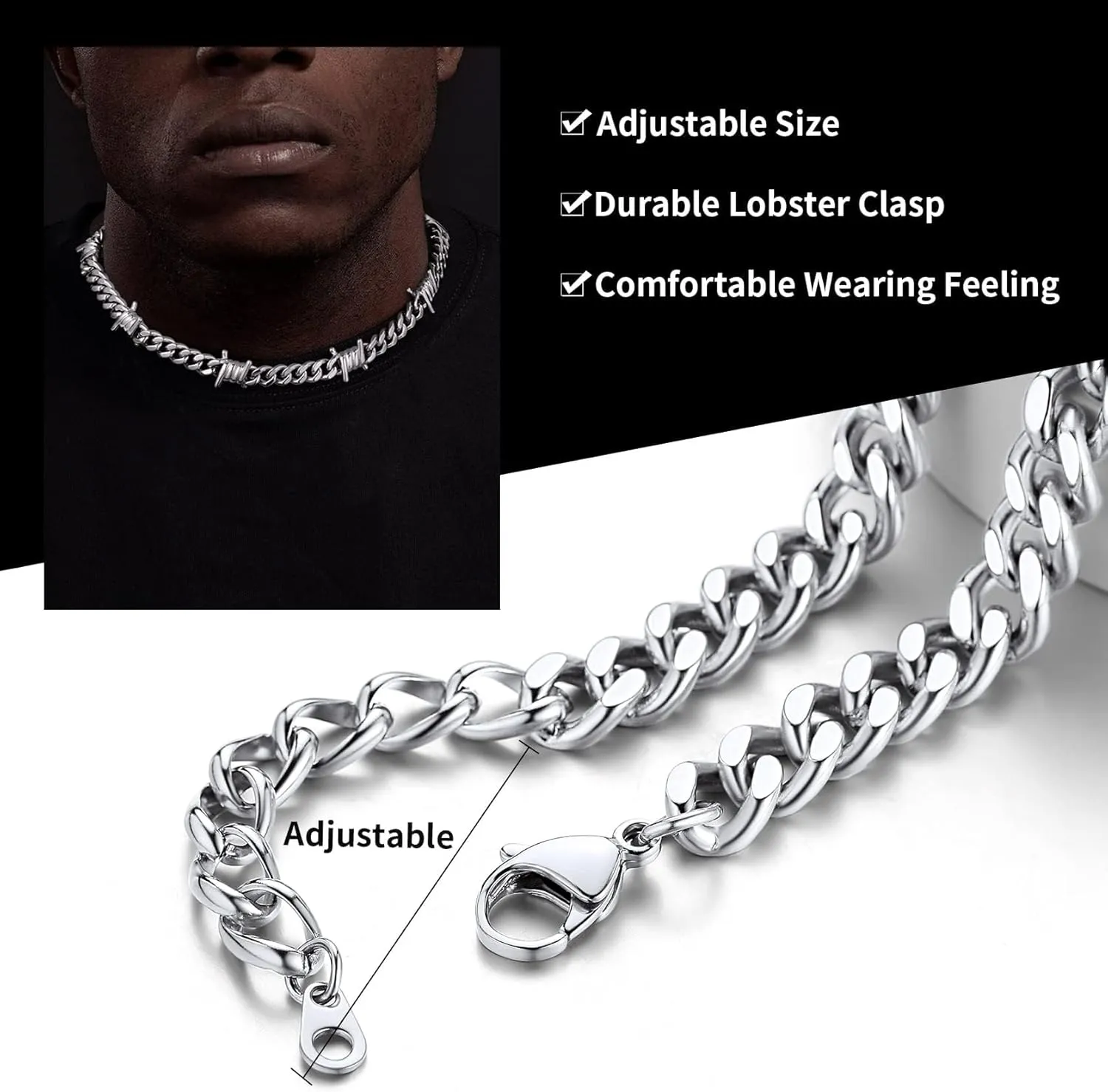 ChainsHouse Barbed Wire Cuban Necklace for Women Men Stainless Steel/18K Gold/Black Gothic Skull Thorns Choker Curb Necklaces Punk Jewelry,16"-20" inch Length