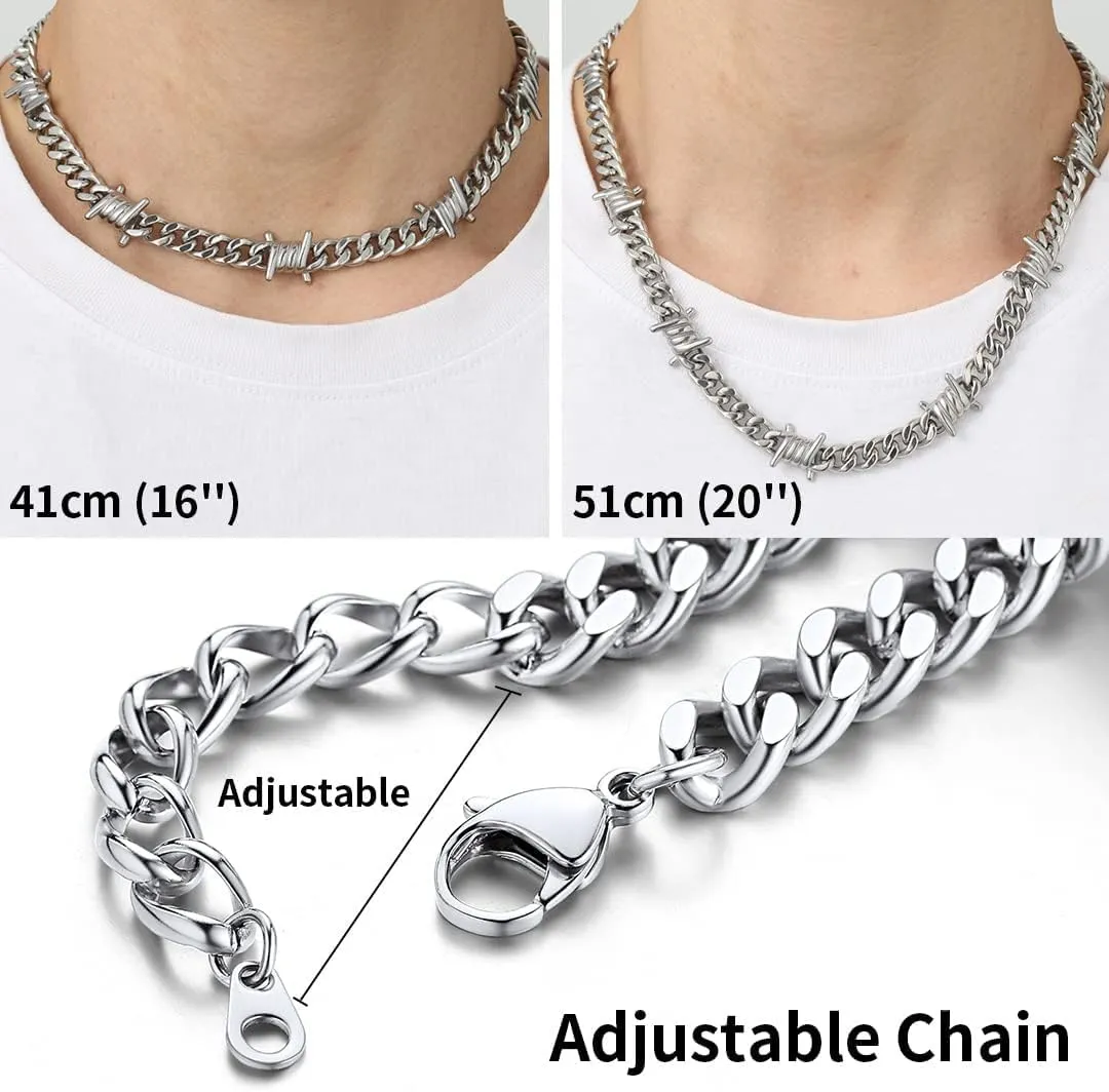 ChainsHouse Barbed Wire Cuban Necklace for Women Men Stainless Steel/18K Gold/Black Gothic Skull Thorns Choker Curb Necklaces Punk Jewelry,16"-20" inch Length