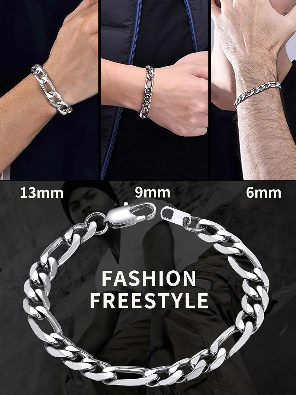 ChainsHouse Figaro Link Chain Bracelet Stainless Steel/Black/18K Gold Plated Wrist Bracelets for Men Women, 6MM-13MM, 7.5"/8.3", Send Gift Box