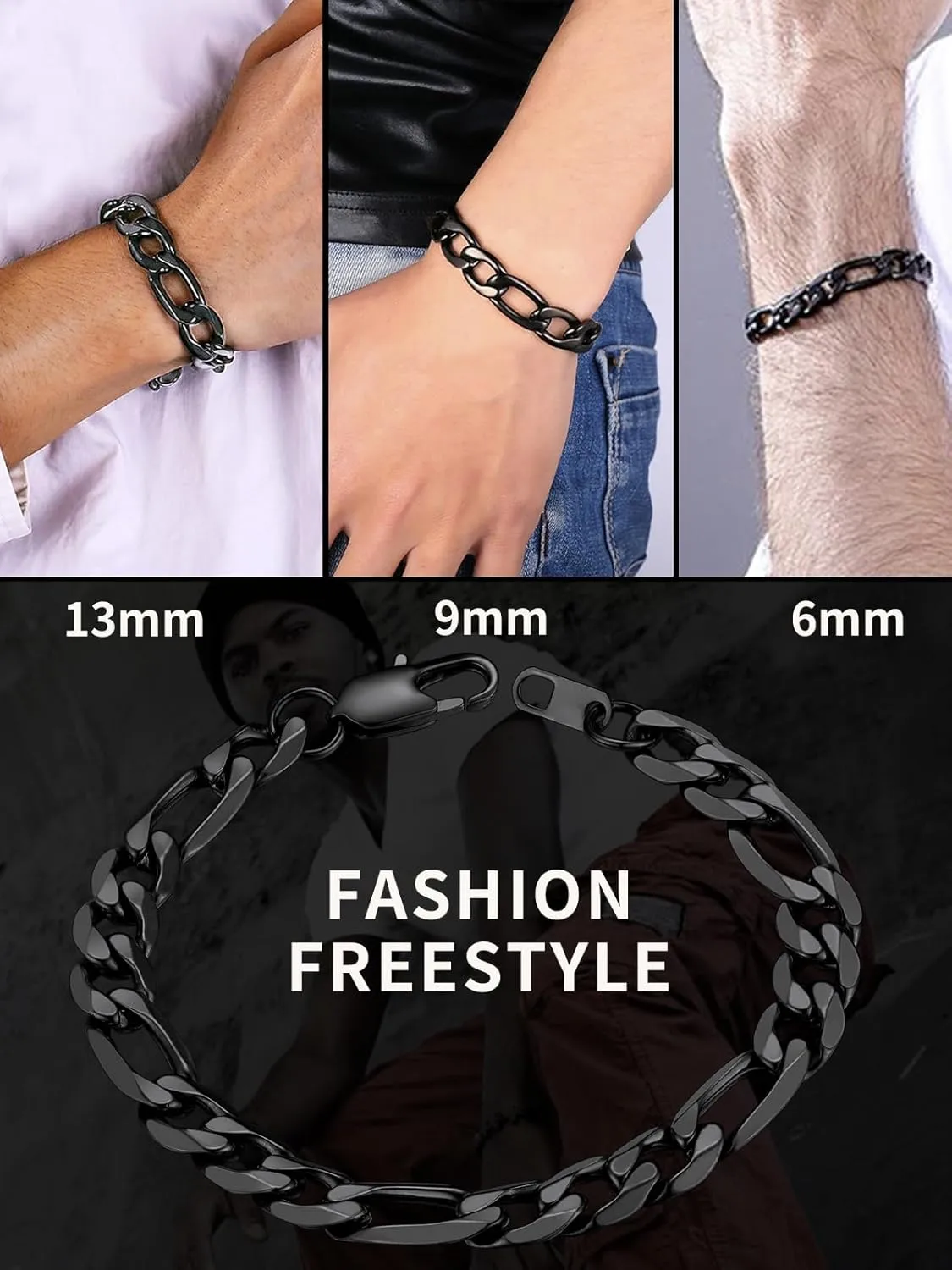 ChainsHouse Figaro Link Chain Bracelet Stainless Steel/Black/18K Gold Plated Wrist Bracelets for Men Women, 6MM-13MM, 7.5"/8.3", Send Gift Box