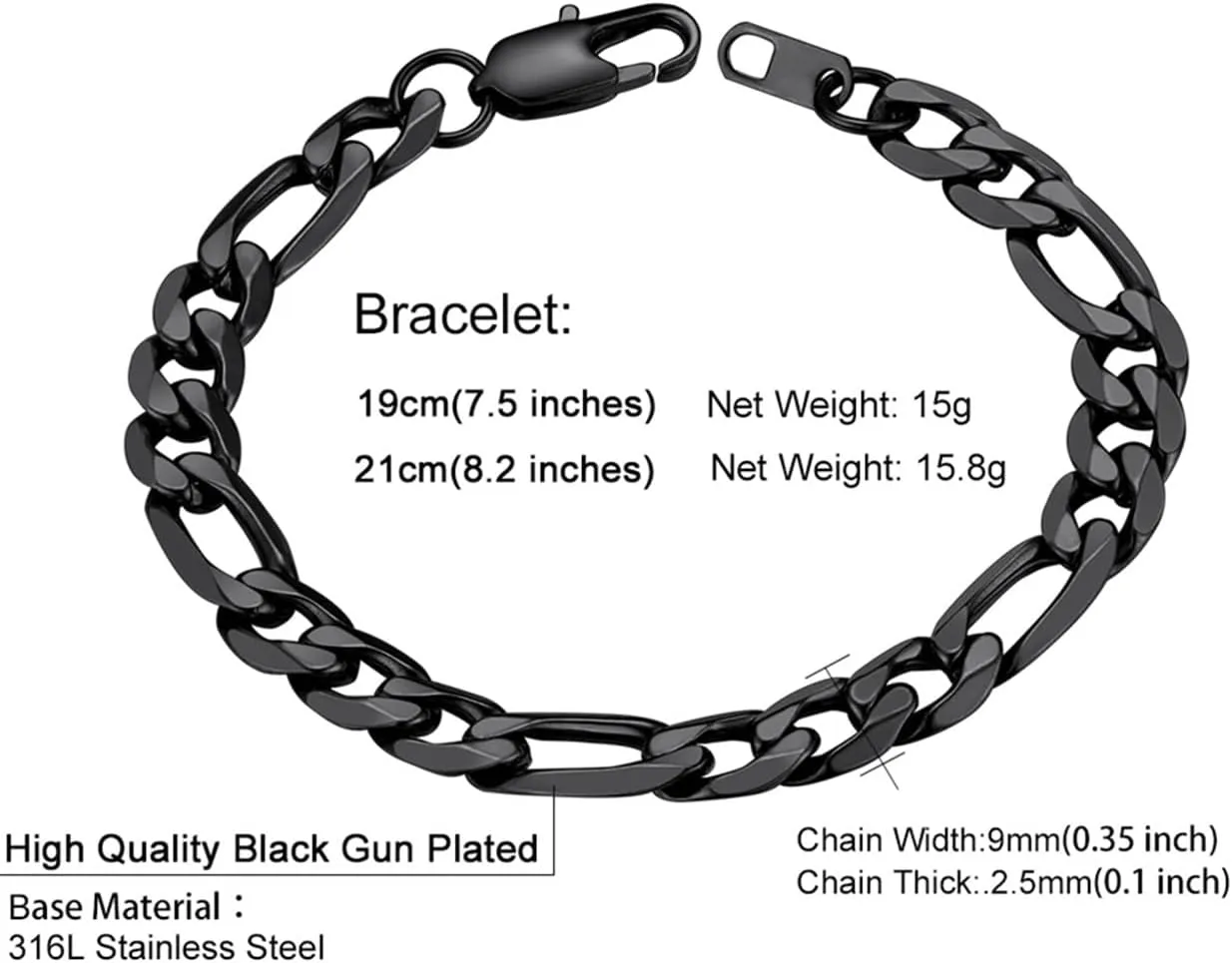 ChainsHouse Figaro Link Chain Bracelet Stainless Steel/Black/18K Gold Plated Wrist Bracelets for Men Women, 6MM-13MM, 7.5"/8.3", Send Gift Box