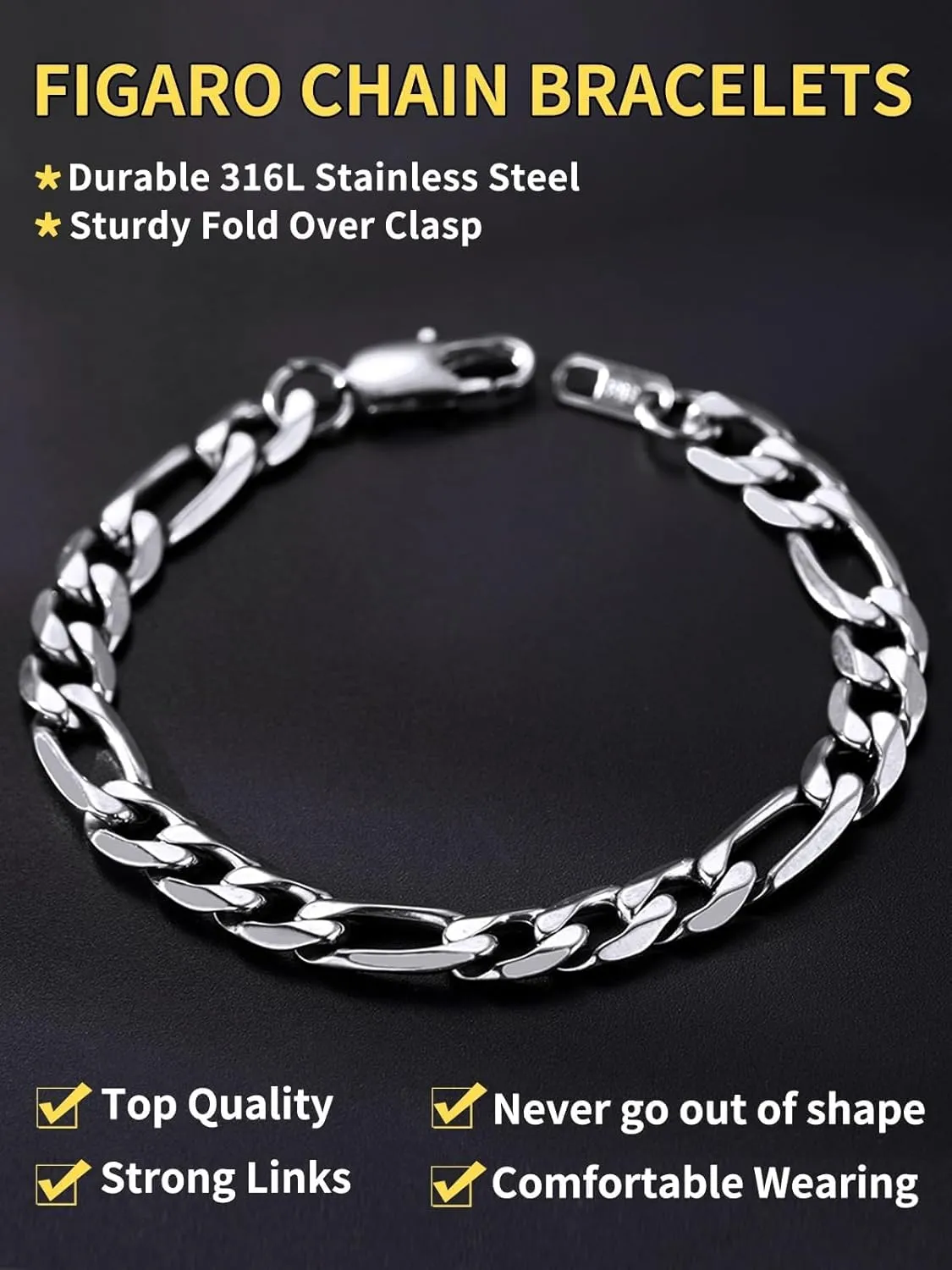ChainsHouse Figaro Link Chain Bracelet Stainless Steel/Black/18K Gold Plated Wrist Bracelets for Men Women, 6MM-13MM, 7.5"/8.3", Send Gift Box