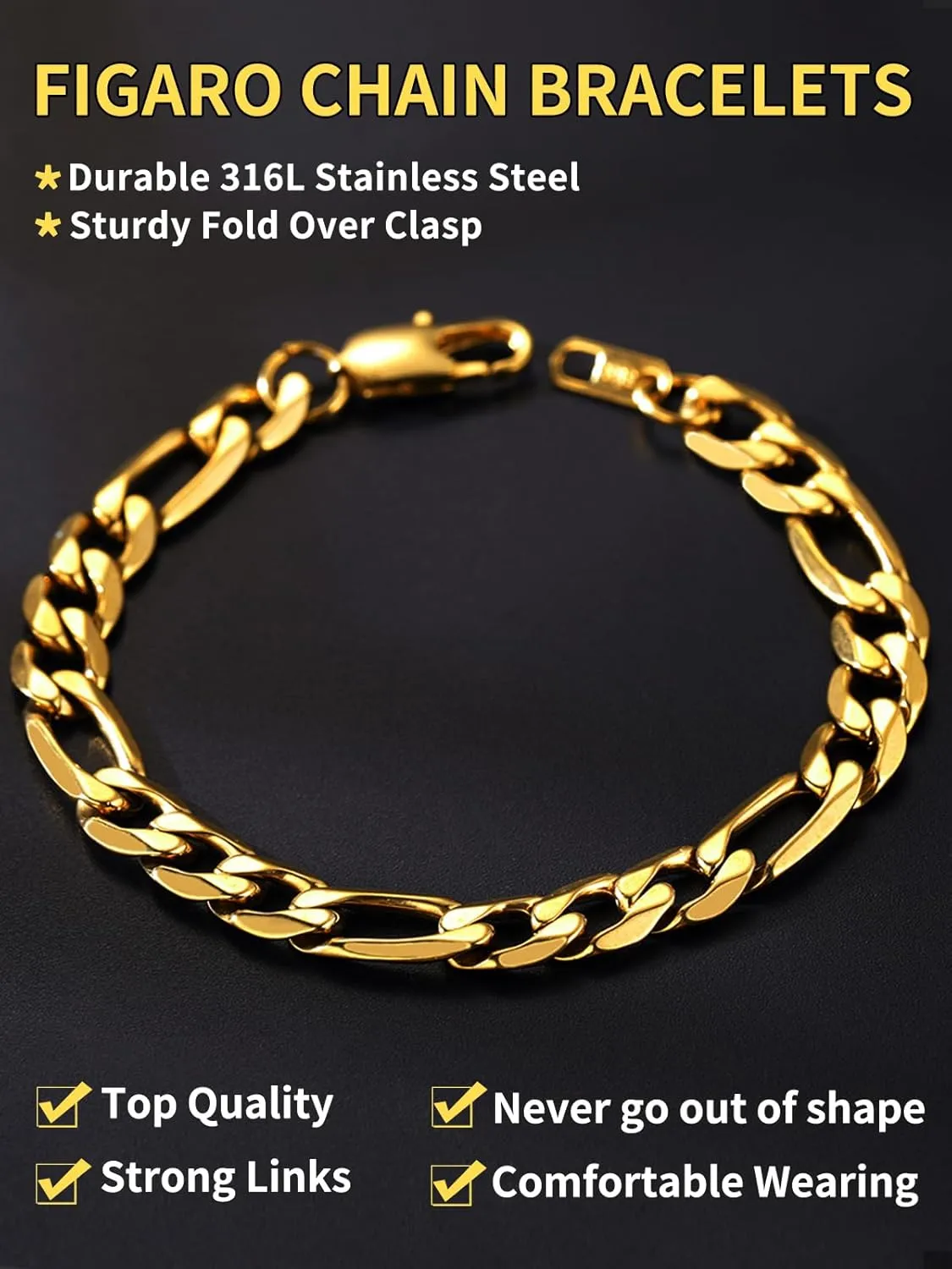 ChainsHouse Figaro Link Chain Bracelet Stainless Steel/Black/18K Gold Plated Wrist Bracelets for Men Women, 6MM-13MM, 7.5"/8.3", Send Gift Box