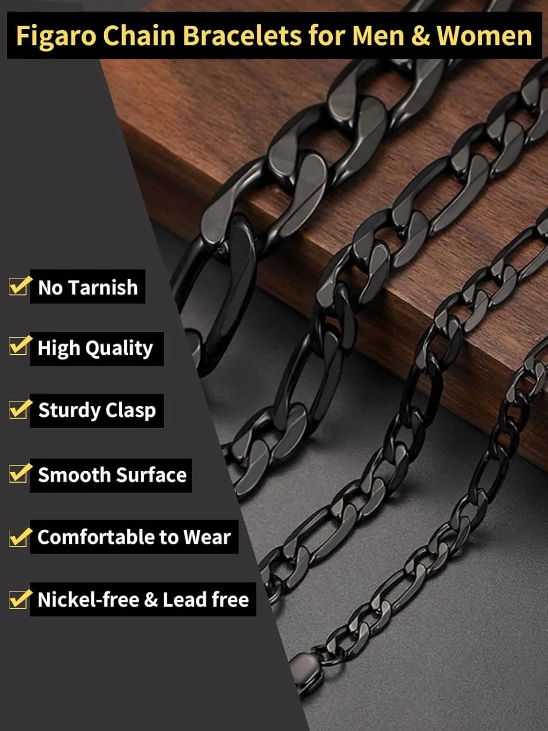 ChainsHouse Figaro Link Chain Bracelet Stainless Steel/Black/18K Gold Plated Wrist Bracelets for Men Women, 6MM-13MM, 7.5"/8.3", Send Gift Box