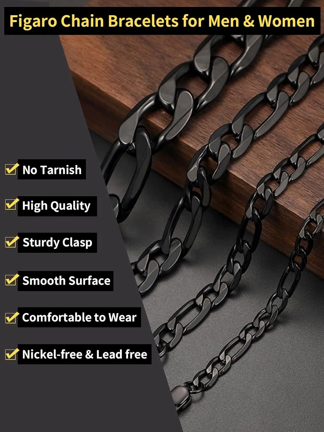 ChainsHouse Figaro Link Chain Bracelet Stainless Steel/Black/18K Gold Plated Wrist Bracelets for Men Women, 6MM-13MM, 7.5"/8.3", Send Gift Box
