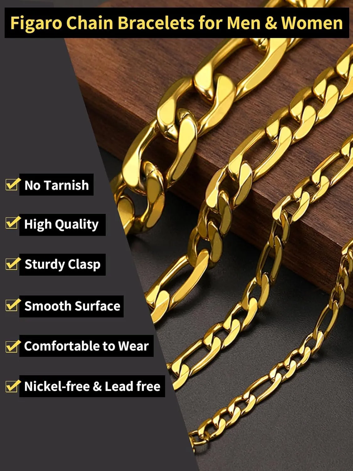 ChainsHouse Figaro Link Chain Bracelet Stainless Steel/Black/18K Gold Plated Wrist Bracelets for Men Women, 6MM-13MM, 7.5"/8.3", Send Gift Box
