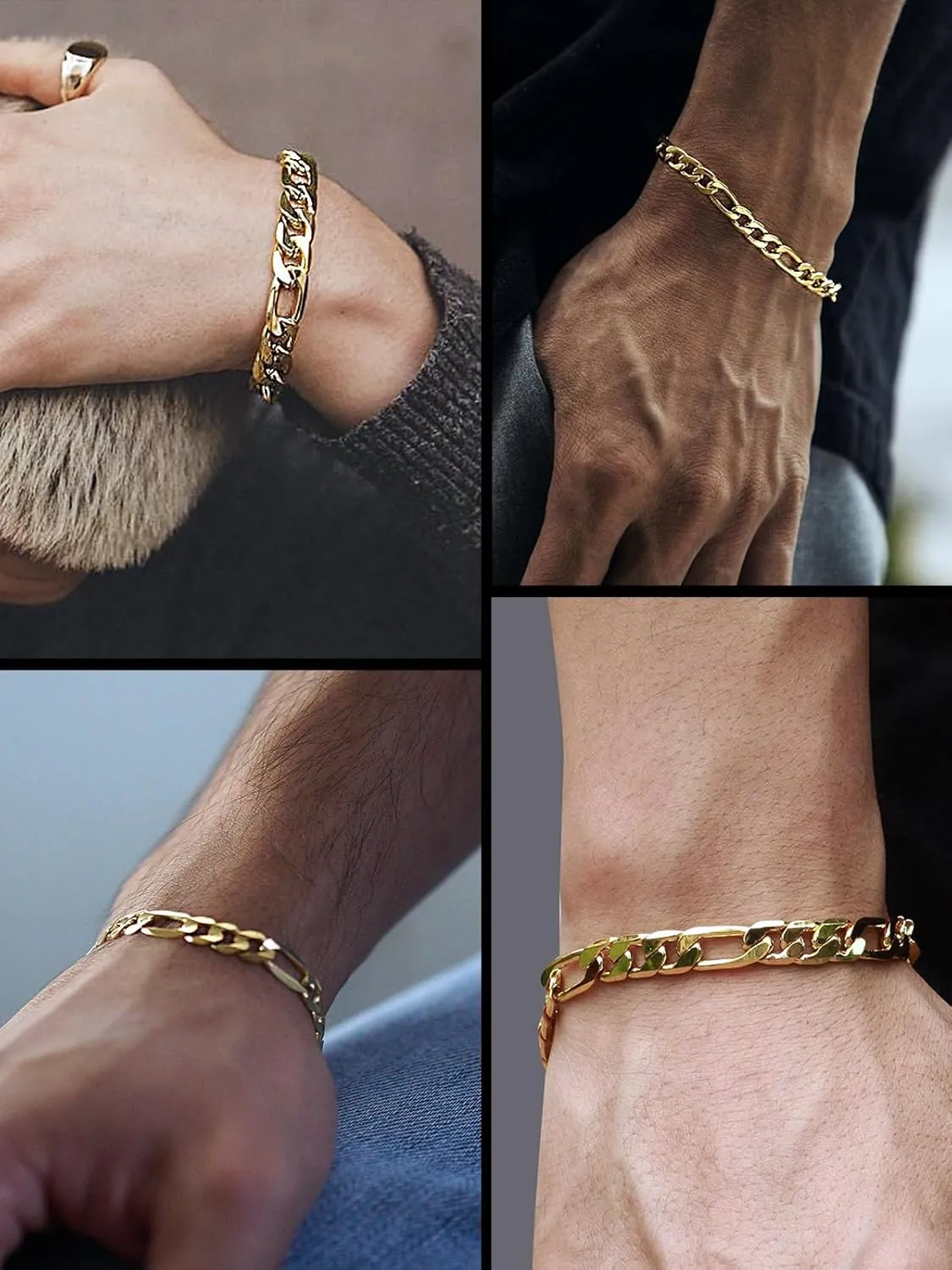 ChainsHouse Figaro Link Chain Bracelet Stainless Steel/Black/18K Gold Plated Wrist Bracelets for Men Women, 6MM-13MM, 7.5"/8.3", Send Gift Box
