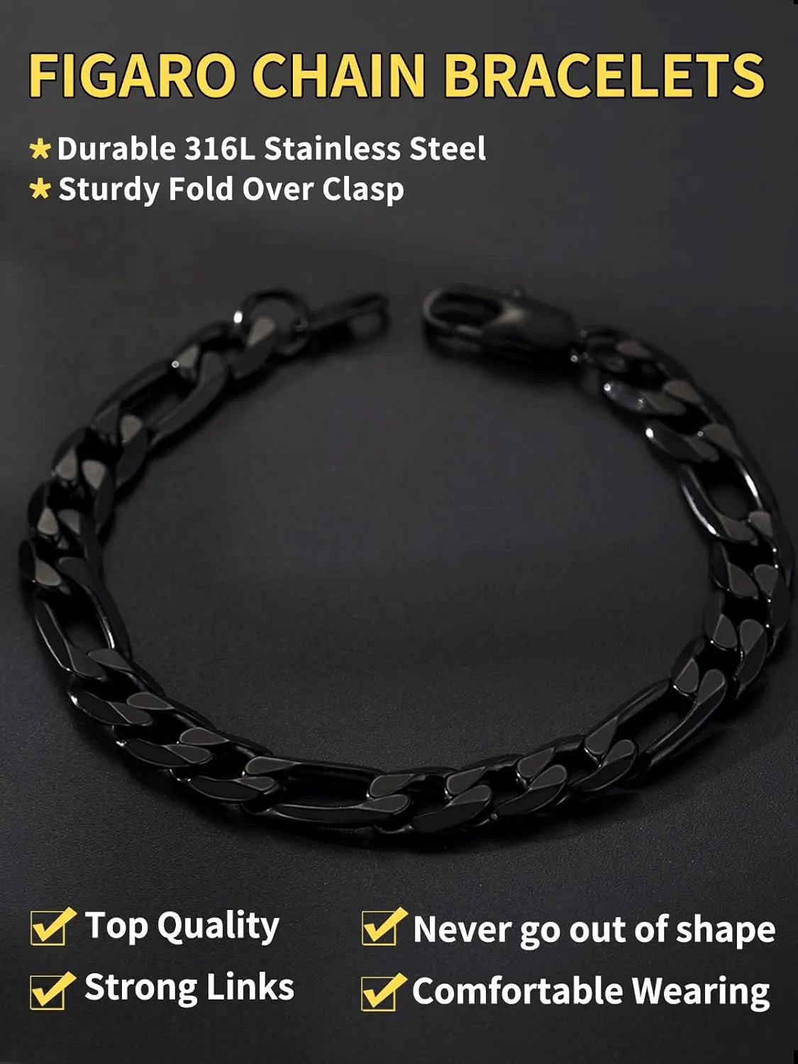 ChainsHouse Figaro Link Chain Bracelet Stainless Steel/Black/18K Gold Plated Wrist Bracelets for Men Women, 6MM-13MM, 7.5"/8.3", Send Gift Box