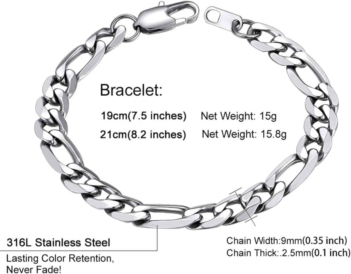 ChainsHouse Figaro Link Chain Bracelet Stainless Steel/Black/18K Gold Plated Wrist Bracelets for Men Women, 6MM-13MM, 7.5"/8.3", Send Gift Box