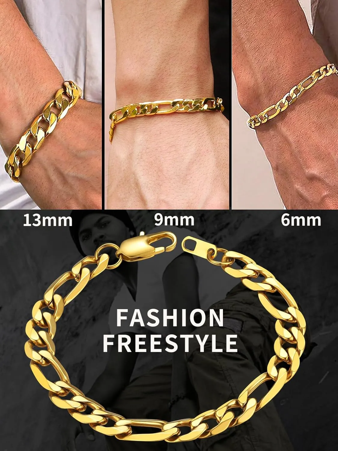 ChainsHouse Figaro Link Chain Bracelet Stainless Steel/Black/18K Gold Plated Wrist Bracelets for Men Women, 6MM-13MM, 7.5"/8.3", Send Gift Box
