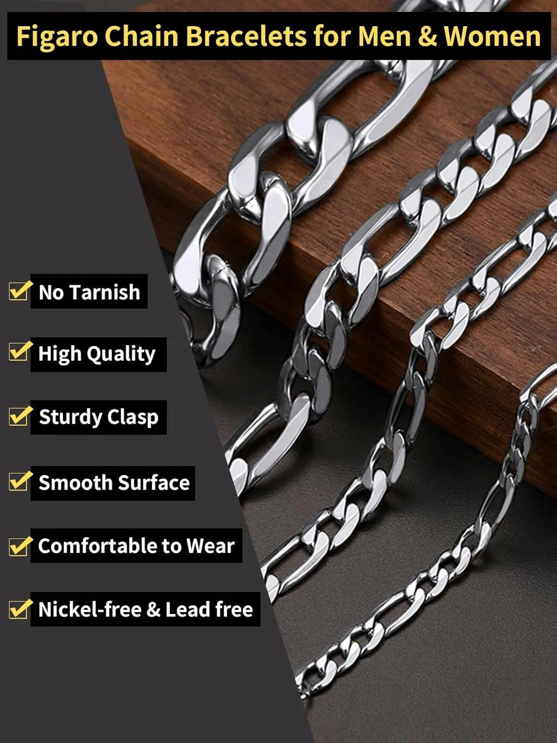 ChainsHouse Figaro Link Chain Bracelet Stainless Steel/Black/18K Gold Plated Wrist Bracelets for Men Women, 6MM-13MM, 7.5"/8.3", Send Gift Box