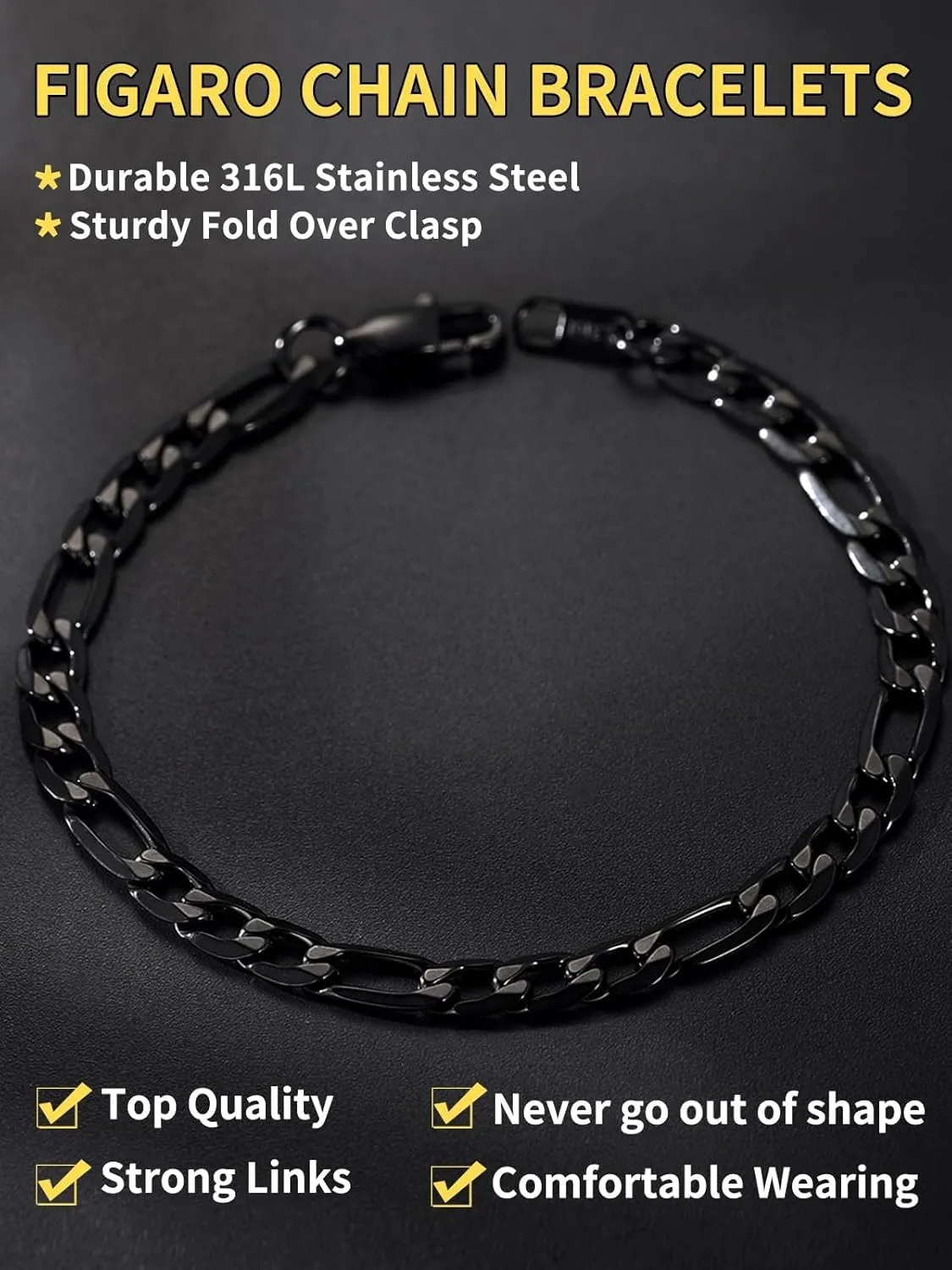 ChainsHouse Figaro Link Chain Bracelet Stainless Steel/Black/18K Gold Plated Wrist Bracelets for Men Women, 6MM-13MM, 7.5"/8.3", Send Gift Box