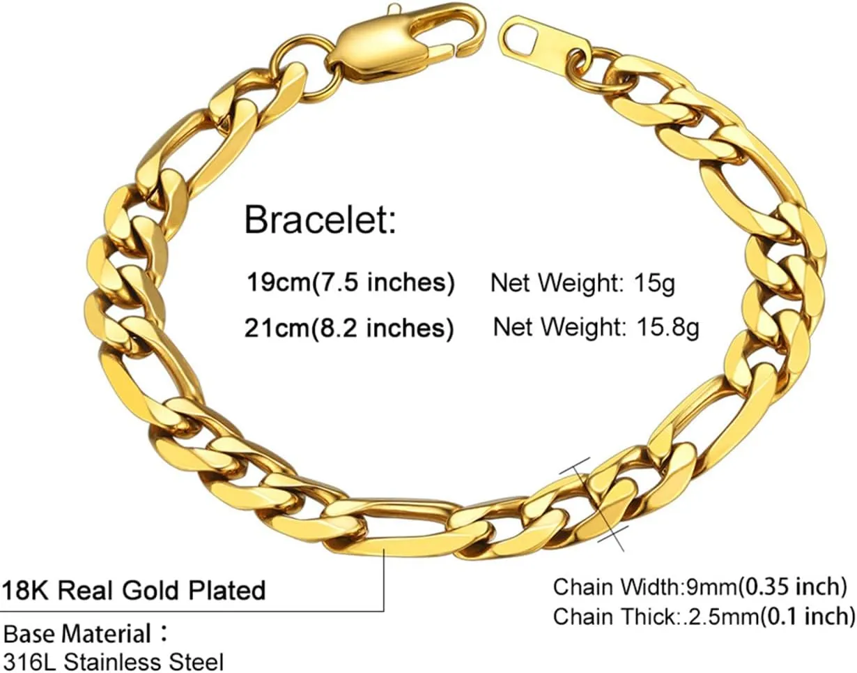 ChainsHouse Figaro Link Chain Bracelet Stainless Steel/Black/18K Gold Plated Wrist Bracelets for Men Women, 6MM-13MM, 7.5"/8.3", Send Gift Box