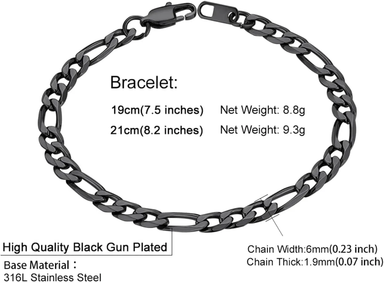 ChainsHouse Figaro Link Chain Bracelet Stainless Steel/Black/18K Gold Plated Wrist Bracelets for Men Women, 6MM-13MM, 7.5"/8.3", Send Gift Box
