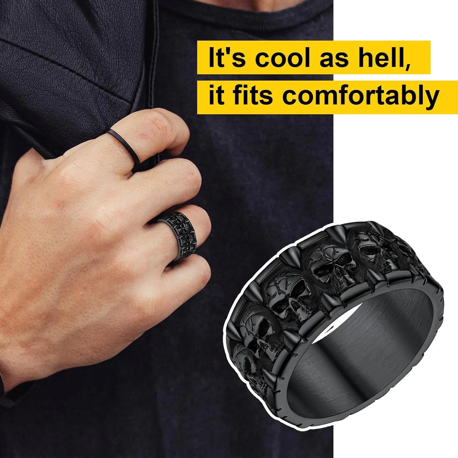 ChainsProMax Can Engrave Men Skull Rings, Stainless Steel Statement Biker Rings, Gold Plated/Black-Send Gift Box