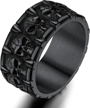 ChainsProMax Can Engrave Men Skull Rings, Stainless Steel Statement Biker Rings, Gold Plated/Black-Send Gift Box