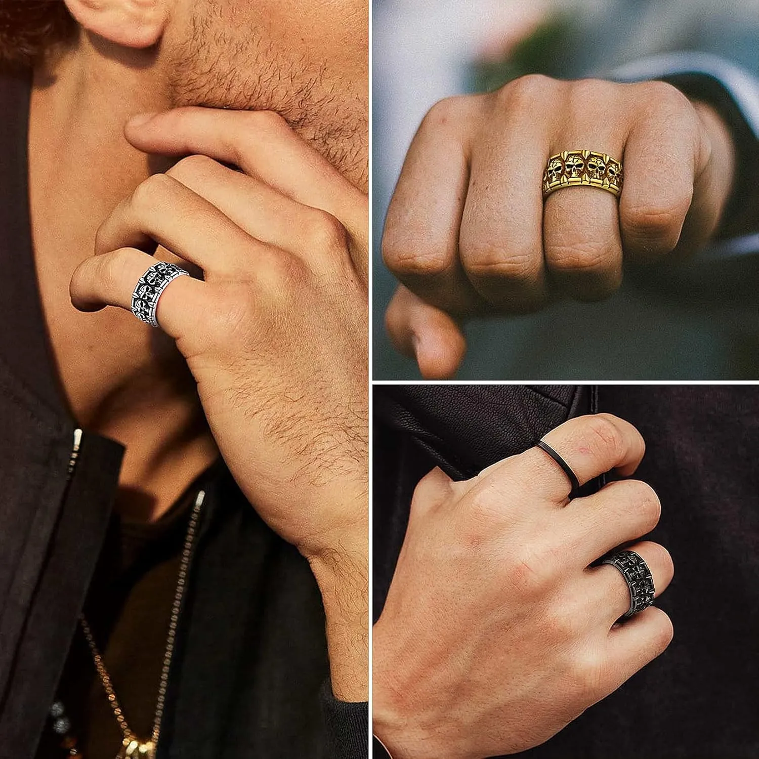 ChainsProMax Can Engrave Men Skull Rings, Stainless Steel Statement Biker Rings, Gold Plated/Black-Send Gift Box