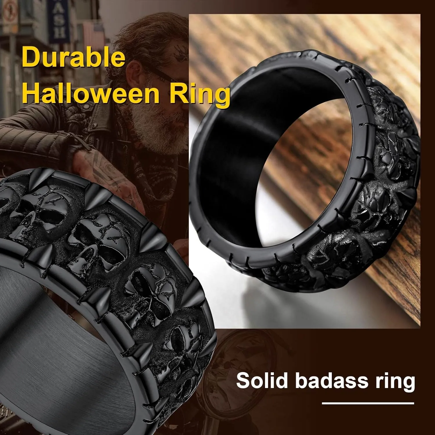 ChainsProMax Can Engrave Men Skull Rings, Stainless Steel Statement Biker Rings, Gold Plated/Black-Send Gift Box
