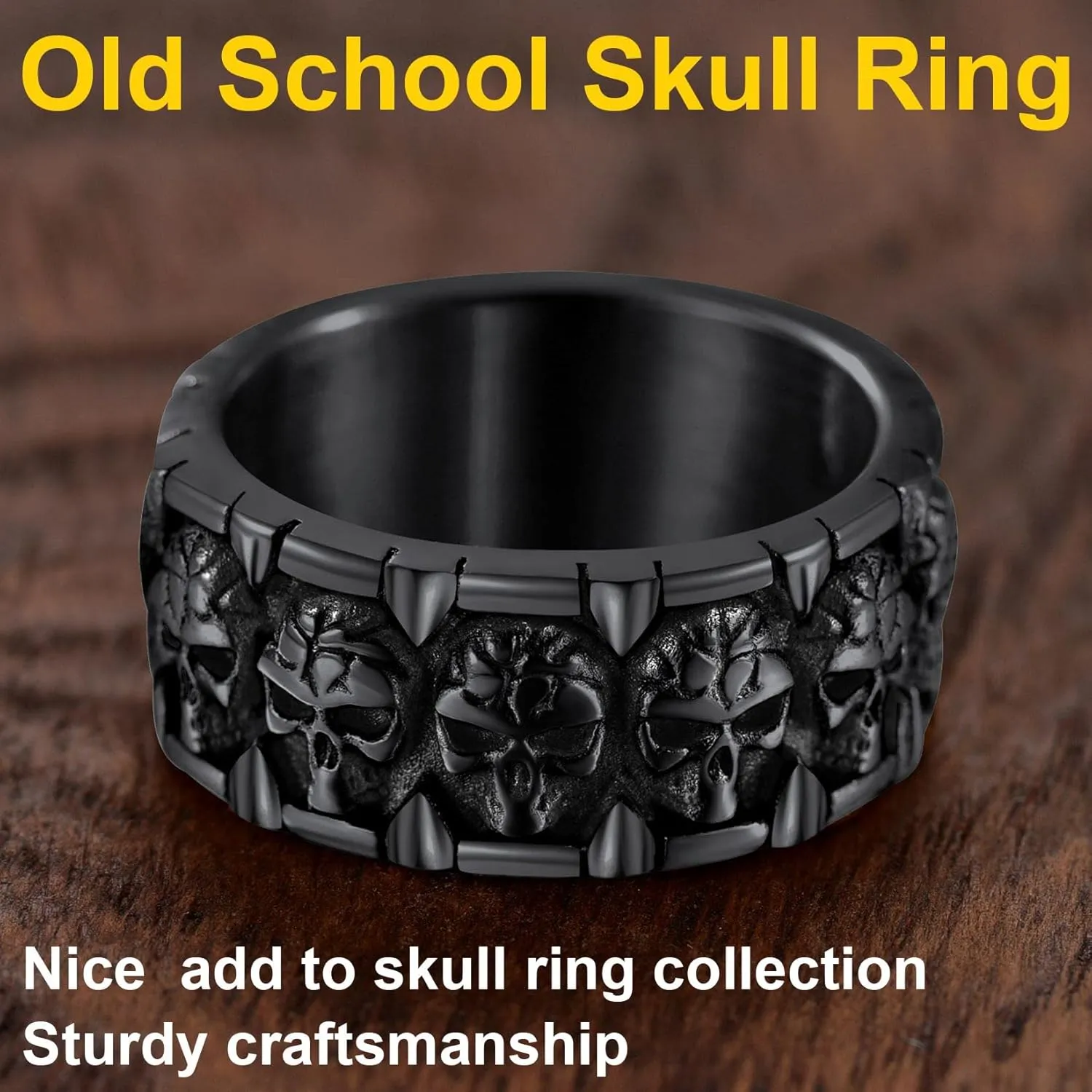 ChainsProMax Can Engrave Men Skull Rings, Stainless Steel Statement Biker Rings, Gold Plated/Black-Send Gift Box