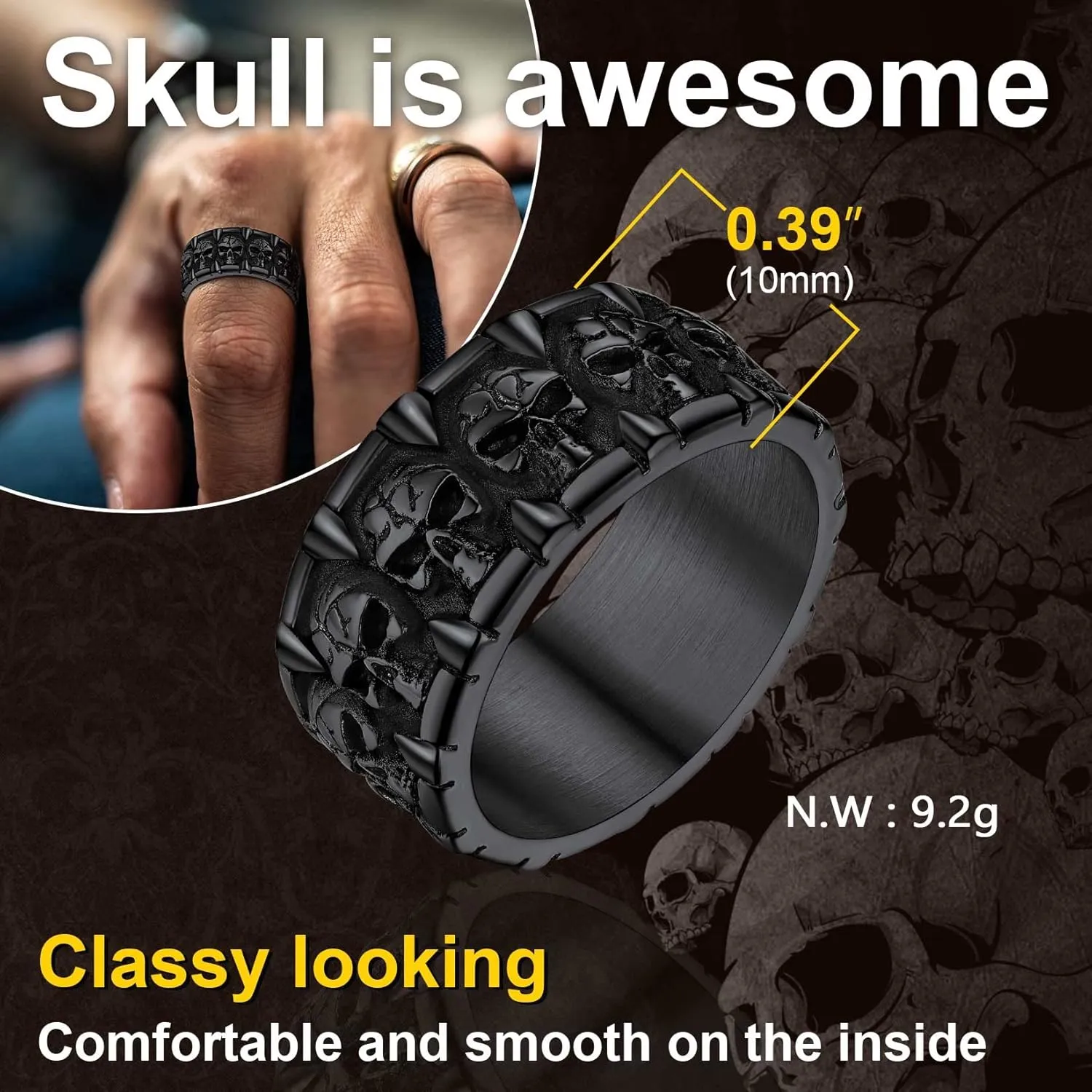 ChainsProMax Can Engrave Men Skull Rings, Stainless Steel Statement Biker Rings, Gold Plated/Black-Send Gift Box