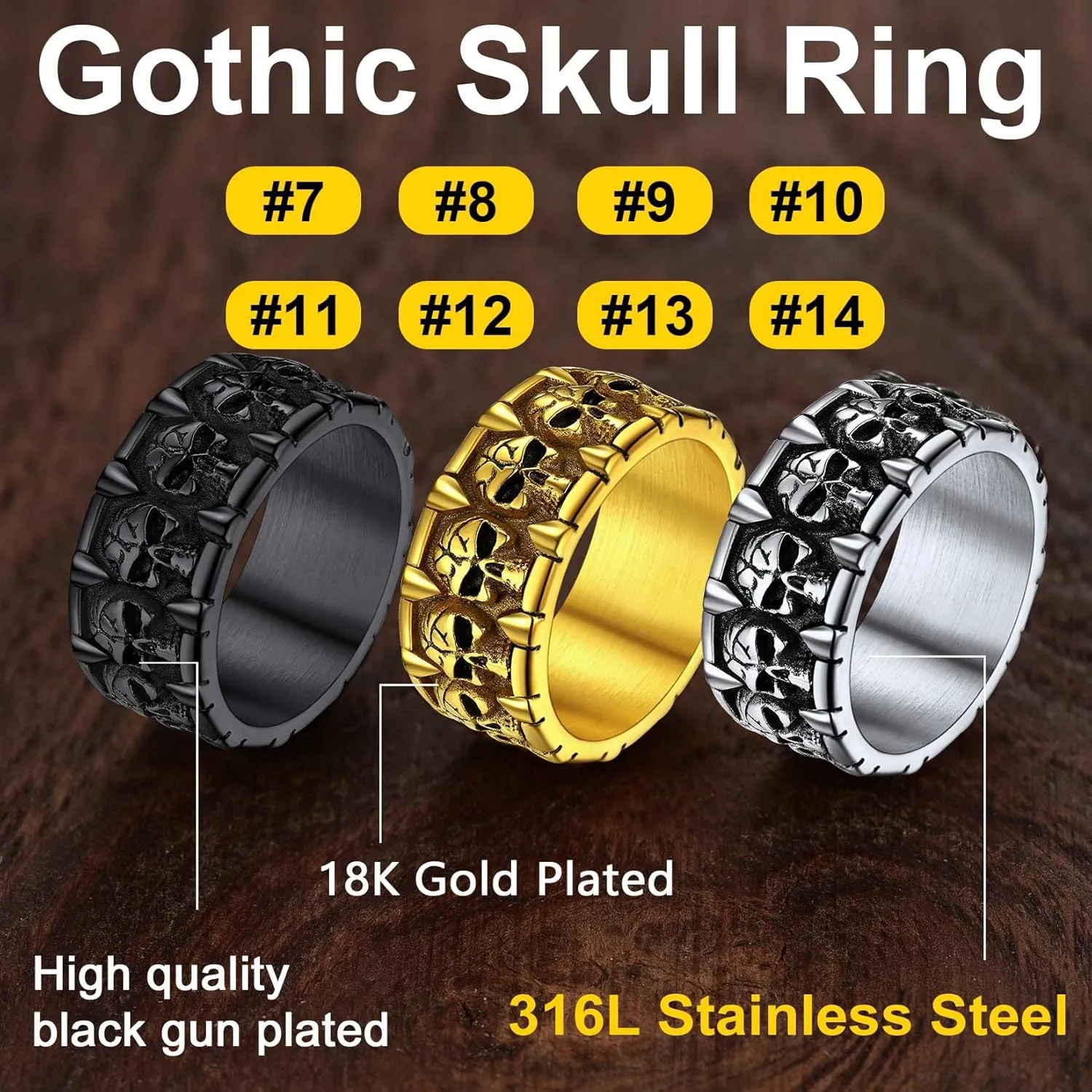 ChainsProMax Can Engrave Men Skull Rings, Stainless Steel Statement Biker Rings, Gold Plated/Black-Send Gift Box
