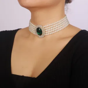 Chargances 1920s 5 Tier Rhinestones Pearls Necklace Boho White Faux Pearl Crystal Choker Bridal Multilayer Pendant Necklaces Prom Party for Women
