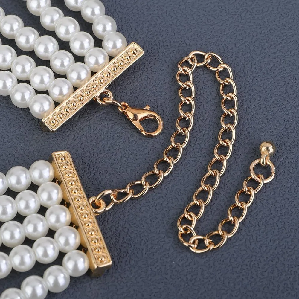 Chargances 1920s 5 Tier Rhinestones Pearls Necklace Boho White Faux Pearl Crystal Choker Bridal Multilayer Pendant Necklaces Prom Party for Women