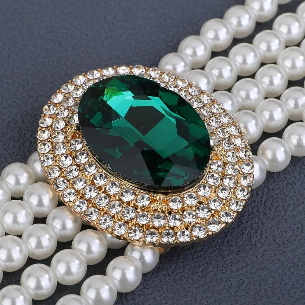 Chargances 1920s 5 Tier Rhinestones Pearls Necklace Boho White Faux Pearl Crystal Choker Bridal Multilayer Pendant Necklaces Prom Party for Women