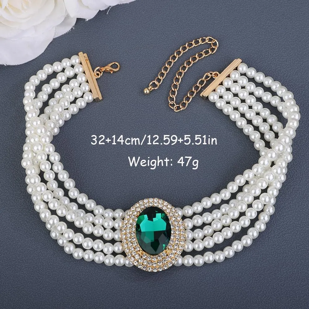Chargances 1920s 5 Tier Rhinestones Pearls Necklace Boho White Faux Pearl Crystal Choker Bridal Multilayer Pendant Necklaces Prom Party for Women