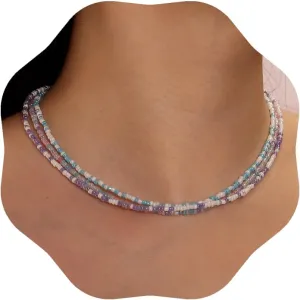 Chargances 3pcs Beaded Choker Necklace Bohemian Layered Blue Seed Bead Necklaces Glass Purple Beaded Choker Summer Beach Jewelry for Women (2)