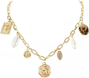 Charm Necklace for Women Vintage Gold Plated Charms Necklaces Boho Imitation White Pearl Choker Head Portrait Square Pendant Necklace Summer Beach Jewelry